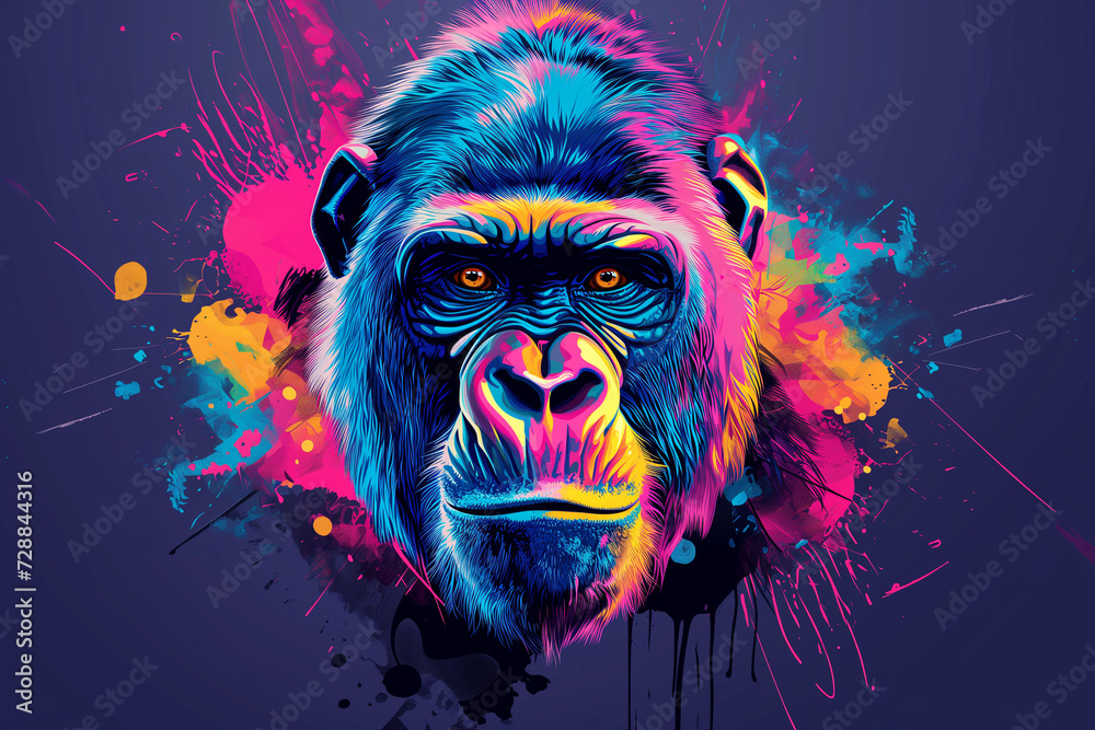 Colorful poster with gorilla isolated on purple. colorful gorilla monkey ape head closeup. gorilla in colorful powder paint explosion, dynamic.