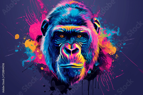 Colorful poster with gorilla isolated on purple. colorful gorilla monkey ape head closeup. gorilla in colorful powder paint explosion, dynamic. © Nataliia_Trushchenko