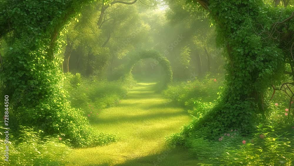 A mysterious path in a fairy-tale green forest. Animation with zoom effect. High quality 4k footage