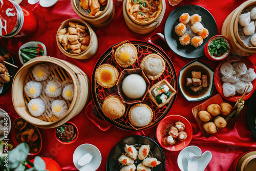 top-down shot of a table full of dim sum dishes, including har gow, siu mai, char siu bao, and egg tarts