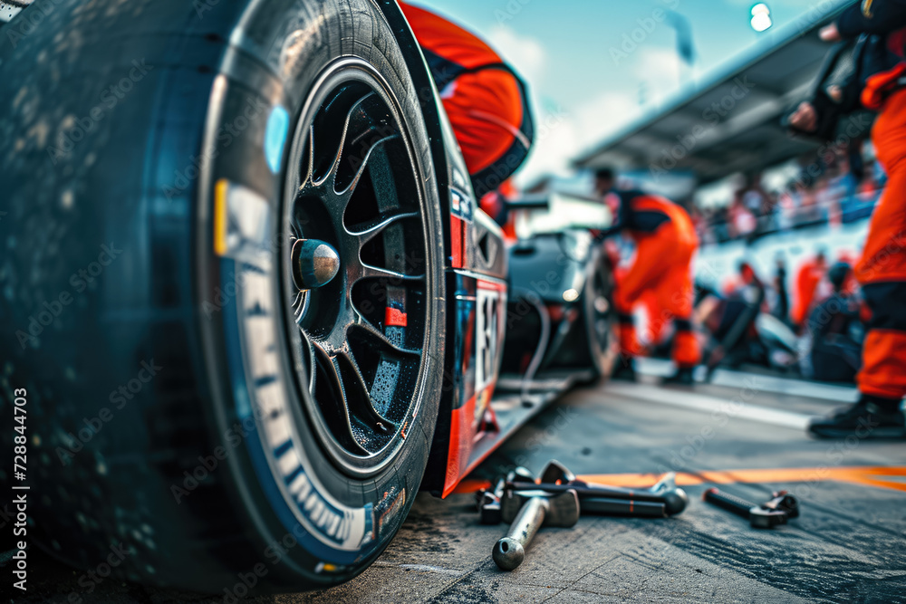 close-up of a professional pit crew adjusting the suspension of a race car during a pitstop. The crew members are using wrenches, and there are other cars and spectators in the background close-up of a professional pit crew adjusting the suspension of a race car during a pitstop. The crew members are using wrenches, and there are other cars and spectators in the background