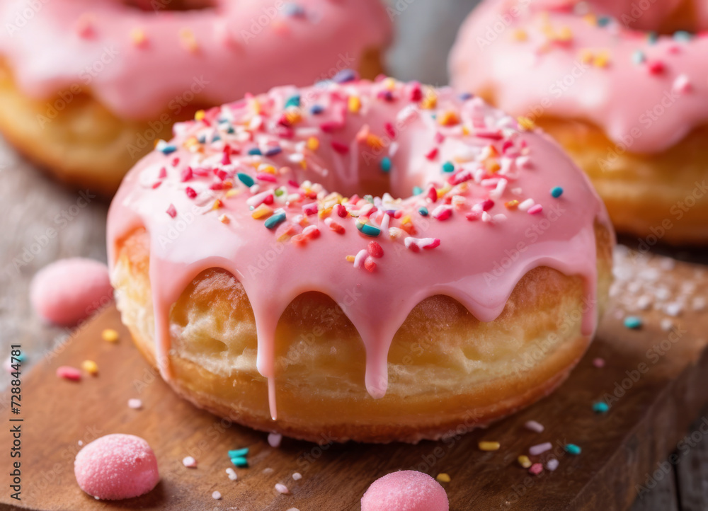 Pink Donuts with Sprinkles on Wooden Surface Pink Donuts with Sprinkles on Wooden Surface