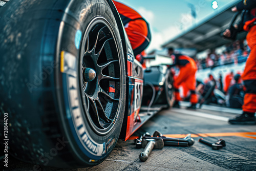 close-up of a professional pit crew adjusting the suspension of a race car during a pitstop. The crew members are using wrenches, and there are other cars and spectators in the background photo