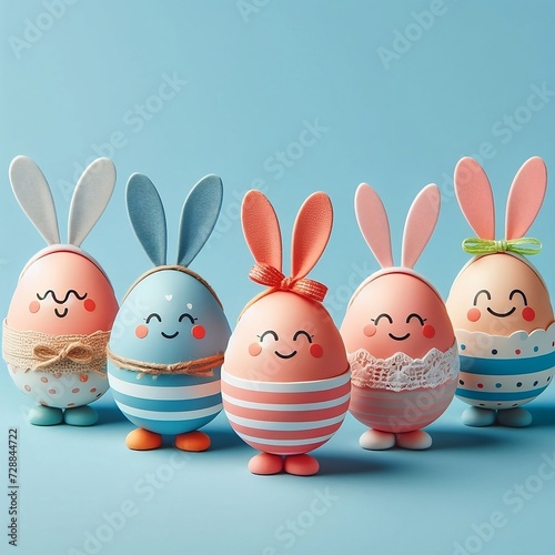 Easter funny decorated eggs stand in a row on blue background. Minimal Happy Easter concept card, panoramic banner created with generative ai