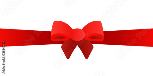 Red Bow with horizontal Ribbon across entire width. Volumetric Element for Page Decor, Banners, Postcards. Wrap gift for birthday, Christmas, holidays. Isolated Knotted Ribbon. Vector illustration