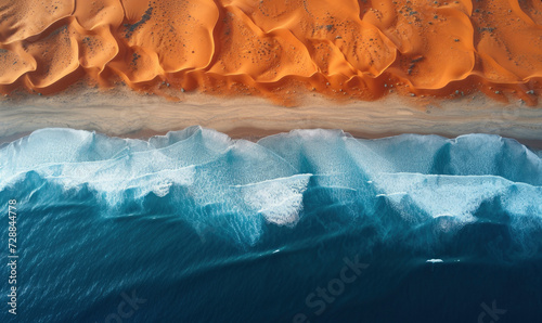 Place where Namib desert and the Atlantic ocean meets, Skeleton coast, South Africa, Namibia, aerial shot.