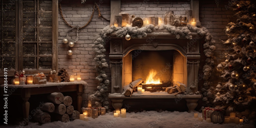 Cozy winter night with fireplace, Christmas decorations, and joyous holiday.