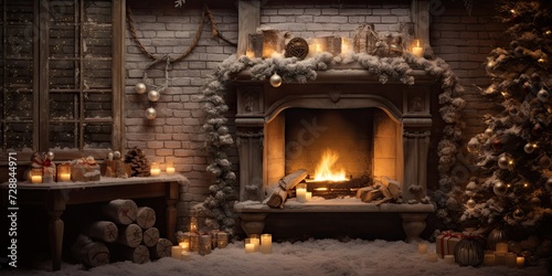 Cozy winter night with fireplace  Christmas decorations  and joyous holiday.