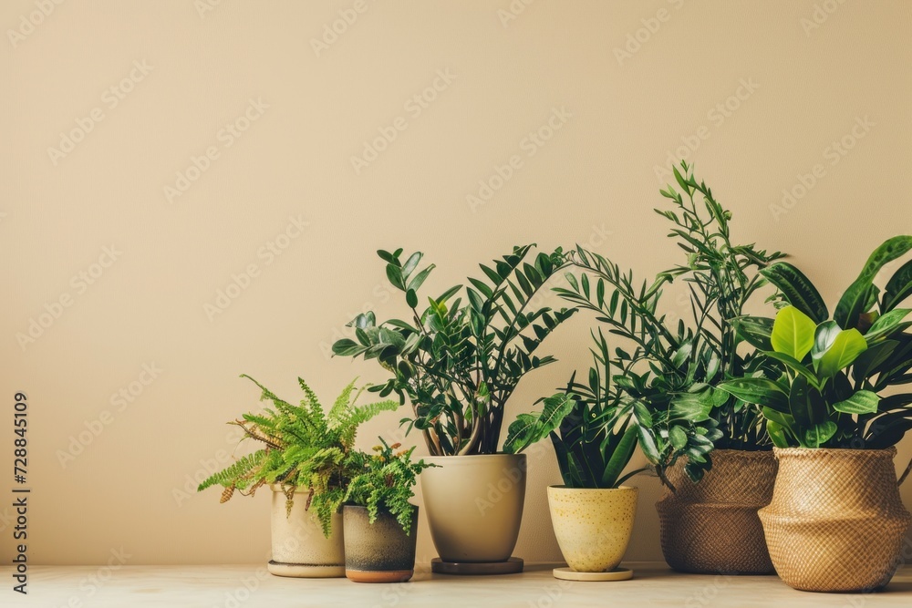 A Beautiful Collection of Green Indoor Plants in Decorative Pots on beige background, Creating a Tranquil and Refreshing Atmosphere for Home and Office Spaces