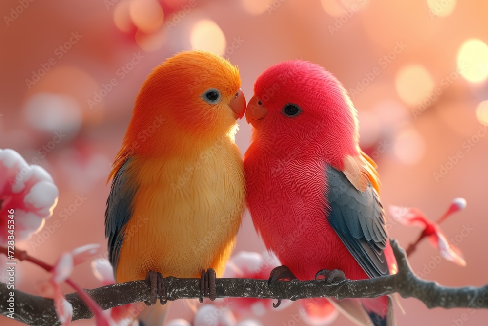 Two colorful birds tenderly touching beaks on a branch among flowers.