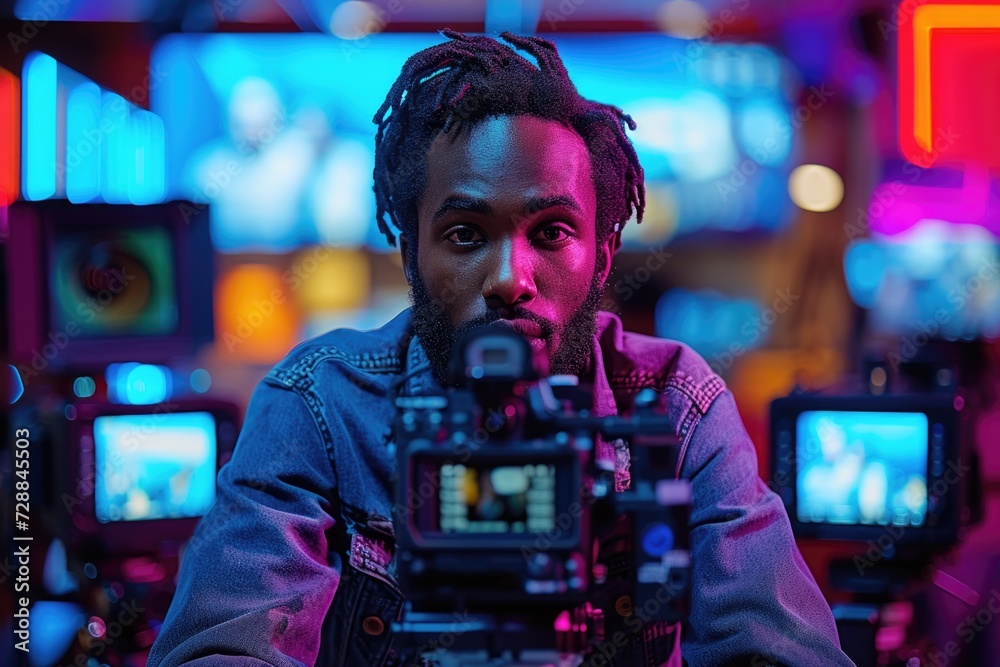 Fototapeta premium Man operating a professional video camera in a studio with neon lighting.