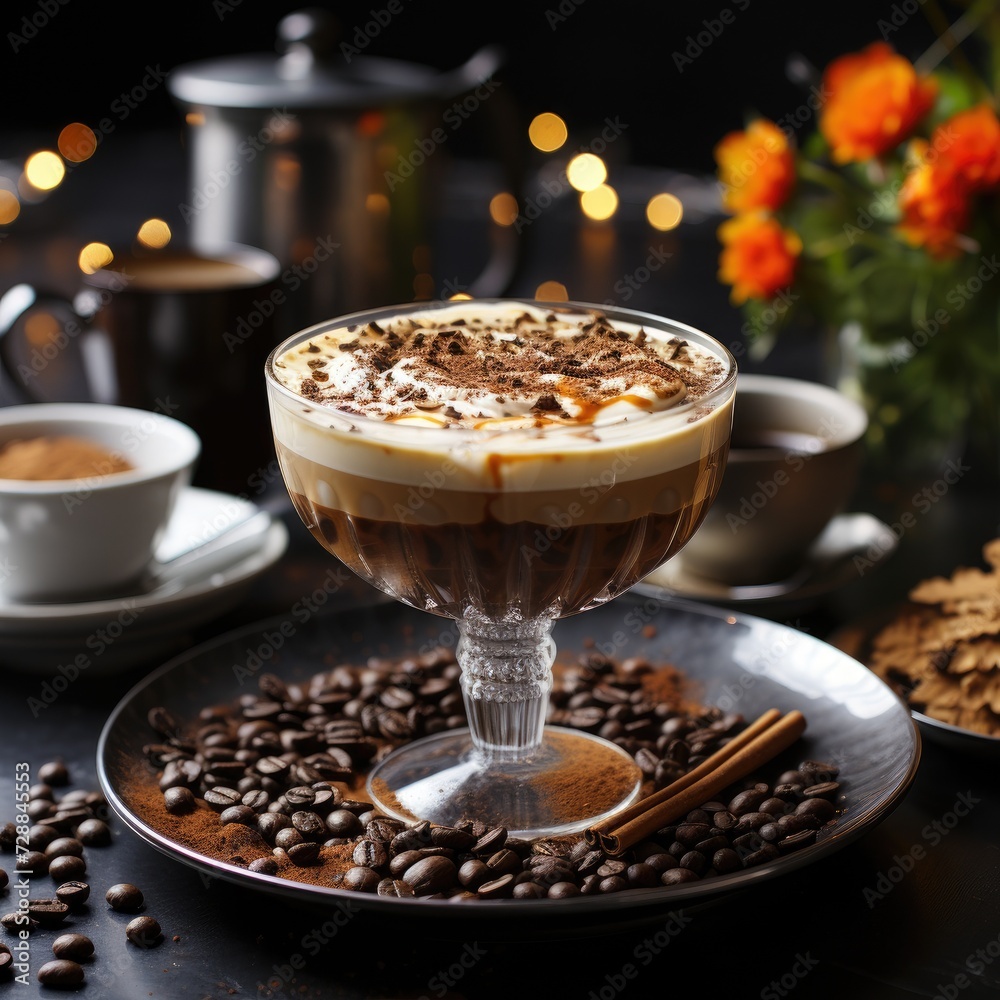 Fragrant coffee in a glass cup with whipped cream and chocolate. Delicious cappuccino in a restaurant or cafe. Coffee, cappuccino, latte, mochaccino, espresso, cream, hot chocolate. Fragrant coffee in a glass cup with whipped cream and chocolate. Delicious cappuccino in a restaurant or cafe. Coffee, cappuccino, latte, mochaccino, espresso, cream, hot chocolate.