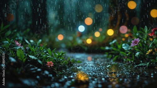 A rain-soaked path with flowers and bokeh lights in the background.
