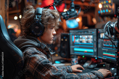 Young individual with headphones editing video on a computer in a studio.