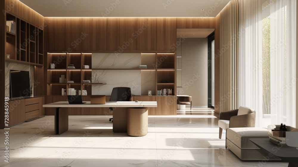 An elegant modern study room with minimalist interior design and luxurious furniture. An office space interior with a spacious layout and an emphasis on functionality and simplicity