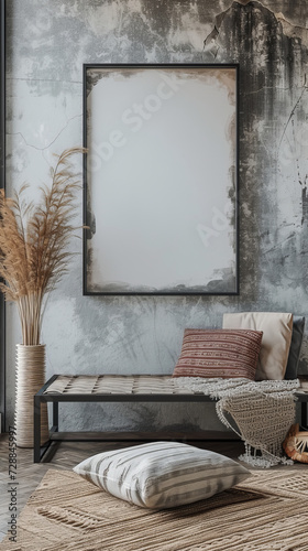 Blank photo frame and poster mockup on concrete wall in bohemian room interior, aesthetic style