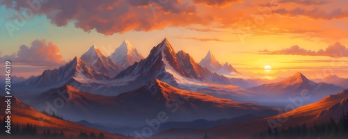 Panoramic view of the mountain peaks at sunset. Panoramic view of the mountains at sunset, panoramic, sunset, mountain, view, nature, peak, sky, travel, landscape, panorama, sunrise, blue, rock