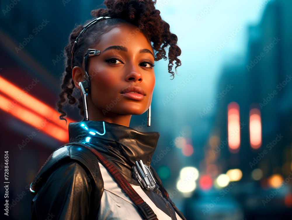Naklejka premium Young dark skinned woman wearing glasses on big city street with neon light in background. Steampunk African-American girl on evening city street