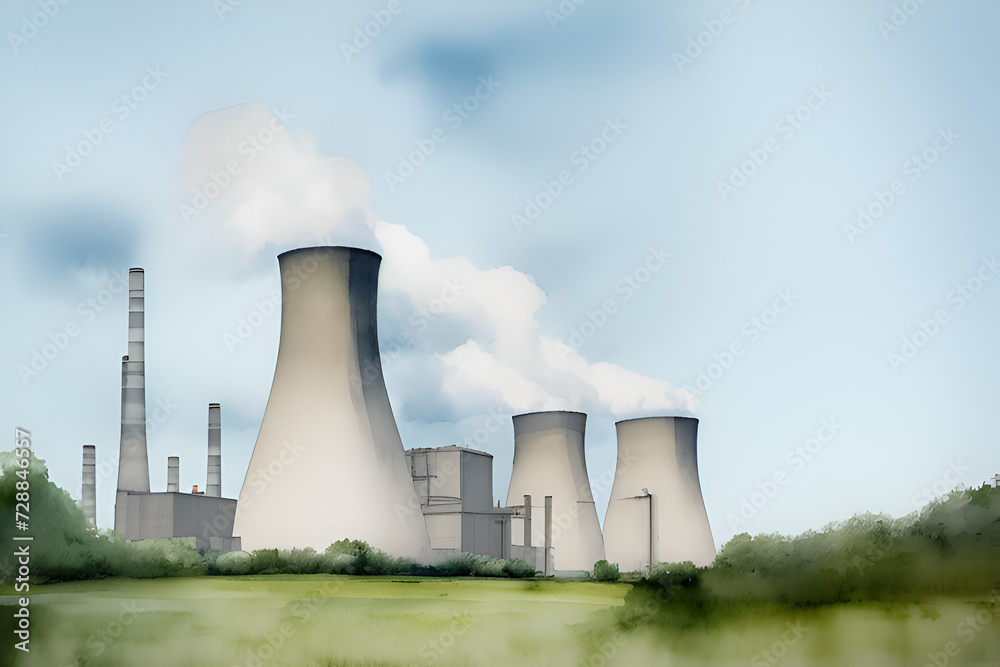 Nuclear power plant with smoke fumes and steam for fission power electric energy production generation for urban industrial concept backdrop watercolor style