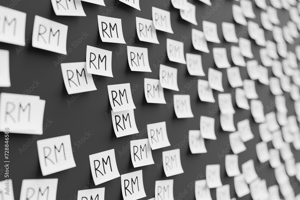 Ringgit Banknote Sticker Many white stickers on black board background with symbol of Malaysia ...