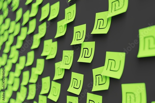 Many green stickers on black board background with symbol of Israel shekel drawn on them. Closeup view with narrow depth of field and selective focus. 3d render, illustration