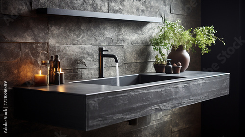 dark bathroom with black stone tile, created with Generative AI Technology.