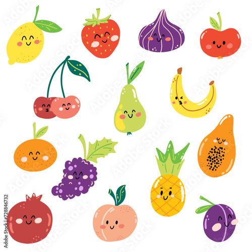 Set of hand drawn fruits in cartoon kawaii style. Cute juicy fruit in childish style for print, menu, kids game