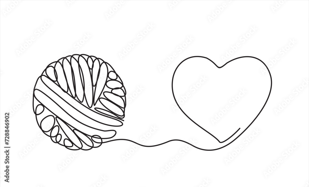 Chaos and heart abstract minimalist concept vector illustration. Metaphor of disorganized difficult problem, mess with black single continuous tangle thread in need of unraveling isolated on white