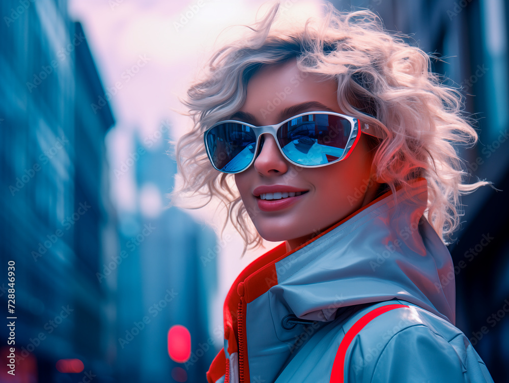 Young European woman wearing glasses on a big city street with neon lights in the background. Steampunk white girl on the street of evening city Young European woman wearing glasses on a big city street with neon lights in the background. Steampunk white girl on the street of evening city