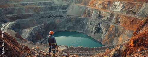 Man Standing at Edge of Large Open Pit photo