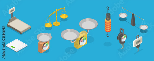 3D Isometric Flat Vector Set of Scales Types, Equipment for Weight Measuring photo