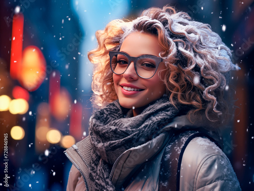 Young European woman wearing glasses on a big city street with neon lights in the background. Steampunk white girl on the street of evening city