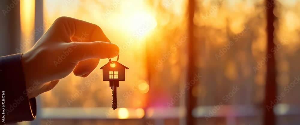 Realtor holding a house key. New beginnings, homeownership, and the dreams tied to acquiring a new home. Real estate concept. Panorama with copy space