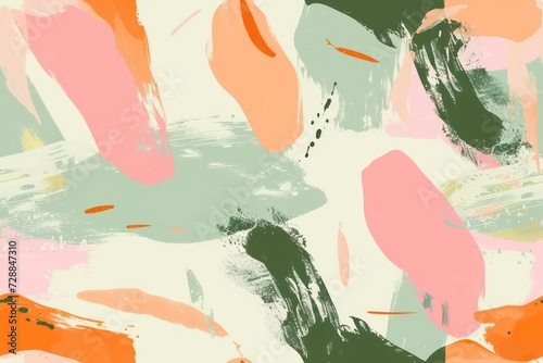 Abstract background with green, pink, and orange colors, asymmetrical colorful packaging pattern design, and brush ink style. photo