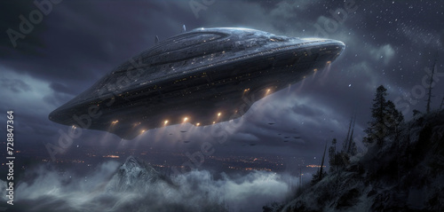 illustration of a flying ufo against a dark cloudy night sky