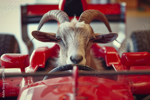 Goat driving red formula racing car - greatest of all time concept photo