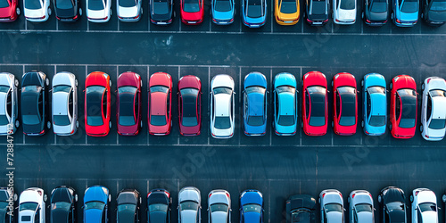 Aerial view of new cars stock at factory parking