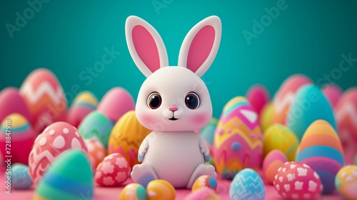 A cute Easter bunny surrounded by Easter eggs with a teal background.