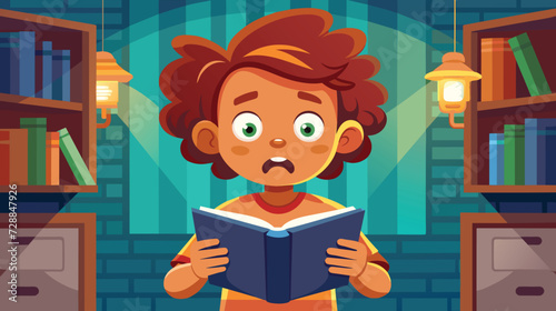 Surprised Child Reading a Book in a Cozy Library Room