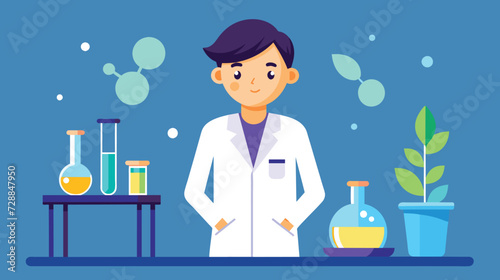 Young Scientist in Lab Coat With Chemical Experiments Vector Illustration