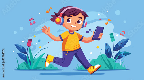 Cheerful Child Enjoying Music Outdoors on a Sunny Day