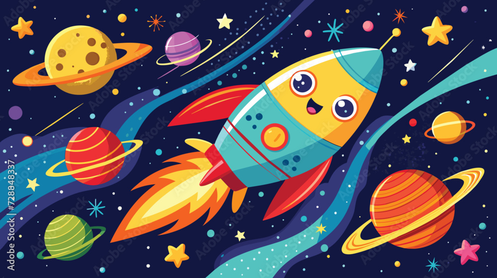Fototapeta premium Cartoon Rocket Flying Through Sky With Planets