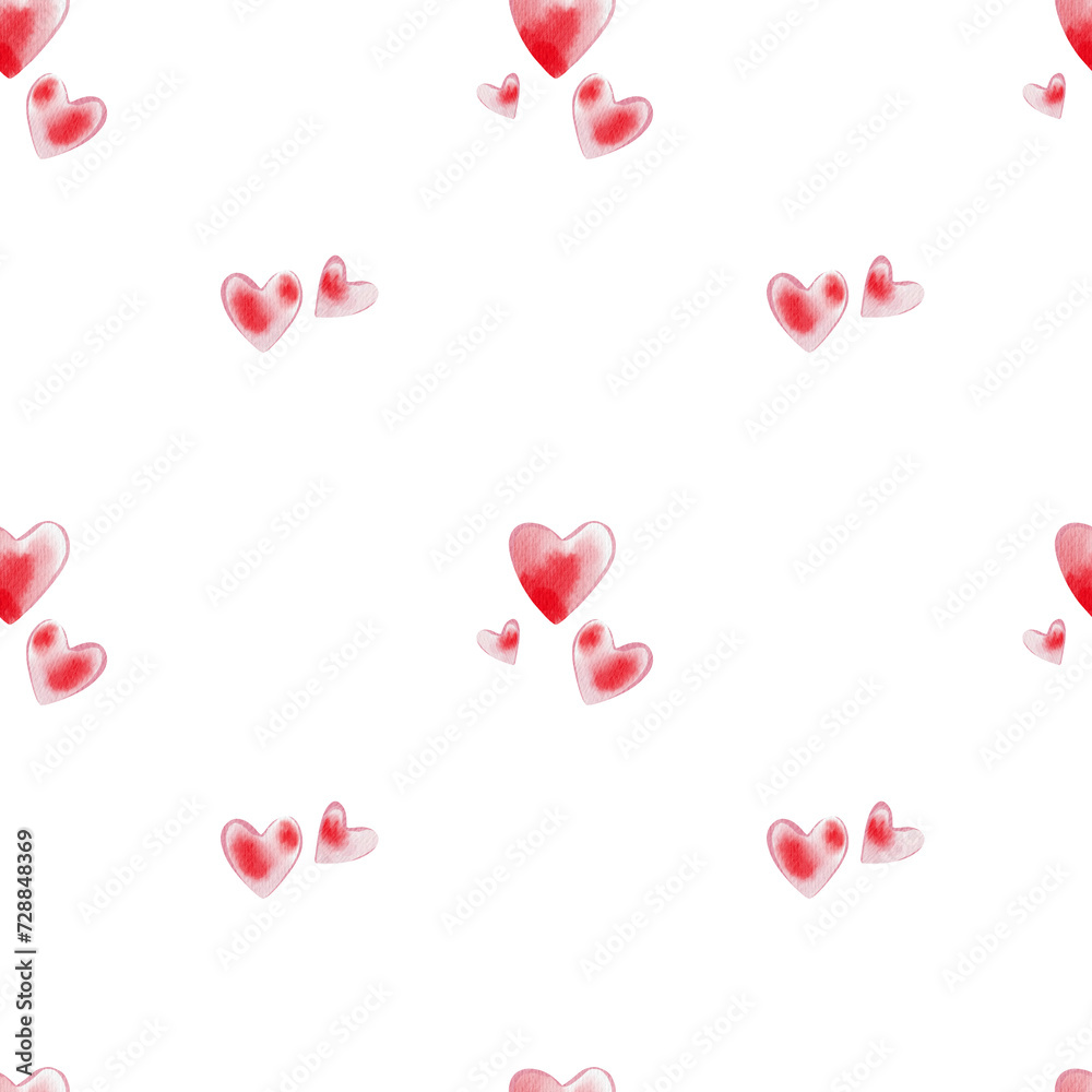 Watercolor pattern with red and pink hearts for Valentines day on the white background, fabric, paper. Digital watercolor illustration