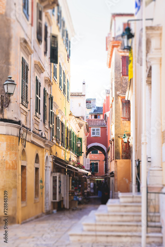 Corfu street view, Kerkyra old town beautiful cityscape, Ionian sea Islands, Greece, a summer sunny day, pedestrian streets with shops and cafes, architecture of historic center, travel to Greece