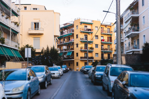 Fototapeta Naklejka Na Ścianę i Meble -  Corfu street view, Kerkyra old town beautiful cityscape, Ionian sea Islands, Greece, a summer sunny day, pedestrian streets with shops and cafes, architecture of historic center, travel to Greece