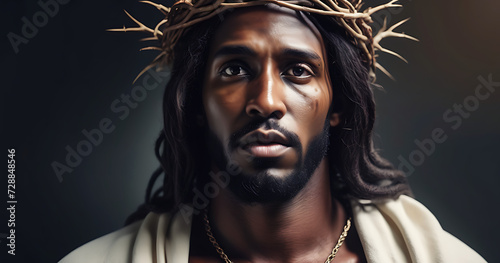 Portrait of black Jesus Christ with crown of thorns on his, head in the darkness in front of the crucifix in the background, a heavenly ray. © Jori de Kiriki