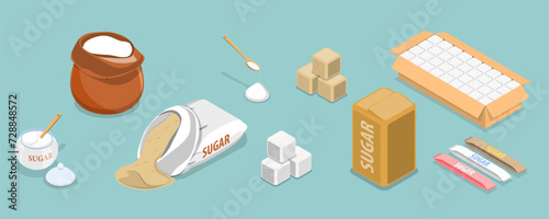 3D Isometric Flat Vector Set of Sugar Items, Granulated, Powder, Cubes
