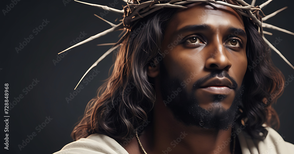 Portrait of black Jesus Christ with crown of thorns on his, head in the darkness in front of the crucifix in the background, a heavenly ray.