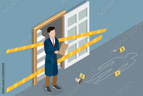 3D Isometric Flat Vector Illustration of Crime Scene, Police Inspector or Private Detective Taking Notes