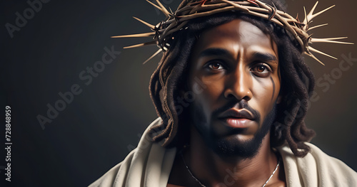 Portrait of black Jesus Christ with crown of thorns on his, head in the darkness in front of the crucifix in the background, a heavenly ray.